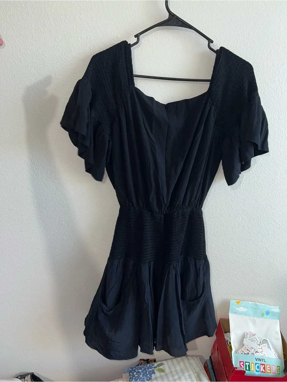 Free People Navy Blue Smocked-Waist Puff Sleeve Mini Dress